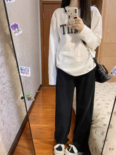 Early autumn slimming solid color round neck long-sleeved T-shirt + lazy drawstring wide-leg trousers suit