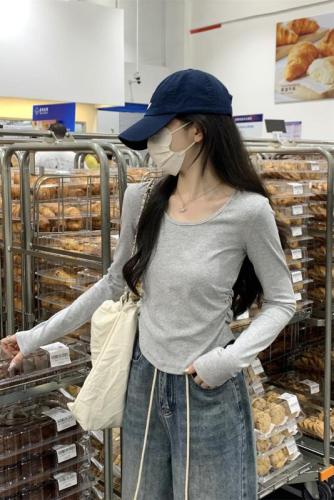 Real shot of autumn Korean style slim round neck pleated slim and versatile solid color pure cotton long-sleeved T-shirt with inner top