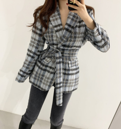 chic houndstooth wool blazer new thickened quilted lace-up small suit top