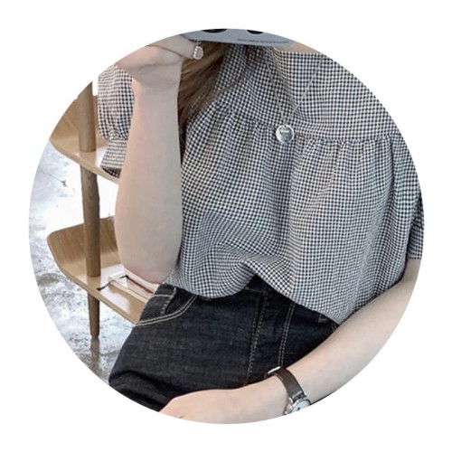 Square collar short-sleeved shirt for women summer new Japanese sweet age-reducing fresh and versatile small plaid clavicle scheming top