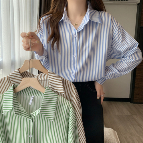 Real shot blue striped long-sleeved shirt top spring and autumn French design niche shirt tops for women