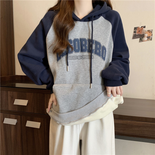 Real shot of Chinese cotton composite milk silk 320g thin section with contrasting color long-sleeved hooded sweatshirt for women