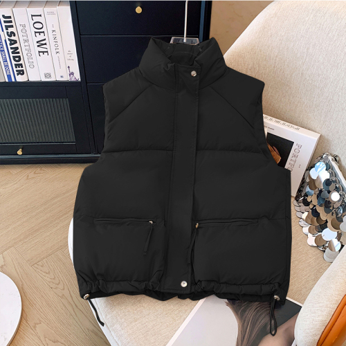 Real shot of plus size women's clothing 2024 autumn and winter new fashion stand-up collar vest coat cotton vest loose waistcoat vest