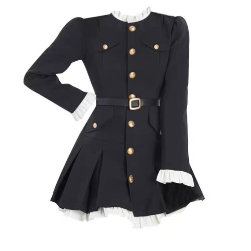 High-end small fragrant black suit short skirt autumn 2024 new style foreign style waist long sleeve splicing dress for women