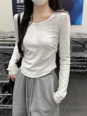 Real shot 2024 autumn Korean style slim round neck pleated versatile solid color cotton long-sleeved T-shirt inner top