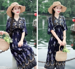 Ethnic style V-neck cotton silk short-sleeved French Thai style floral dress women's summer printed pastoral style skirt for vacation
