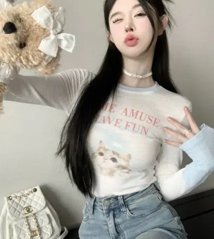 #ICE丝THREAD Slim-fitting cat print long-sleeved T-shirt