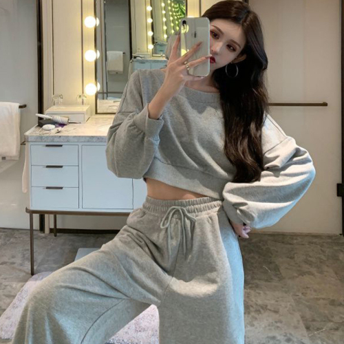 Cotton fish scale drawstring sports suit women's long-sleeved tops high-waisted pants casual two-piece set women's fashion