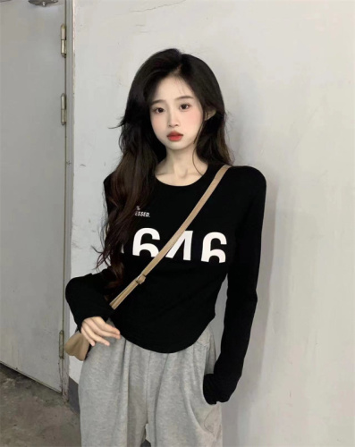 Pure cotton bottoming shirt, letter round neck long-sleeved T-shirt, slim fit inner top and gray sweatpants two-piece set