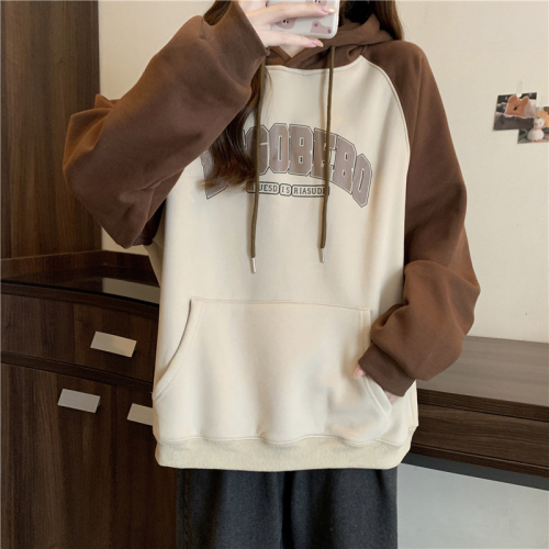 Real shot of Chinese cotton composite milk silk 320g thin section with contrasting color long-sleeved hooded sweatshirt for women