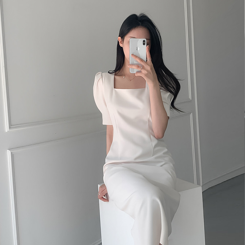 French style lady's square neck hip-hugging dress women's summer waist-covering belly slimming straight skirt