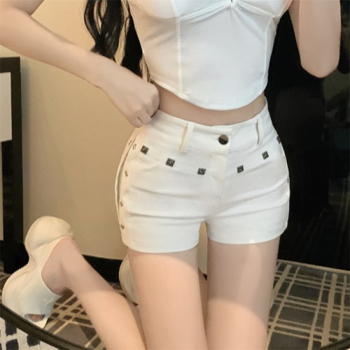 Actual shoot! 2024 New Sweet, Cool, and Spicy White Elastic High-Waisted Booty-Brief Chain-Detailed Shorts