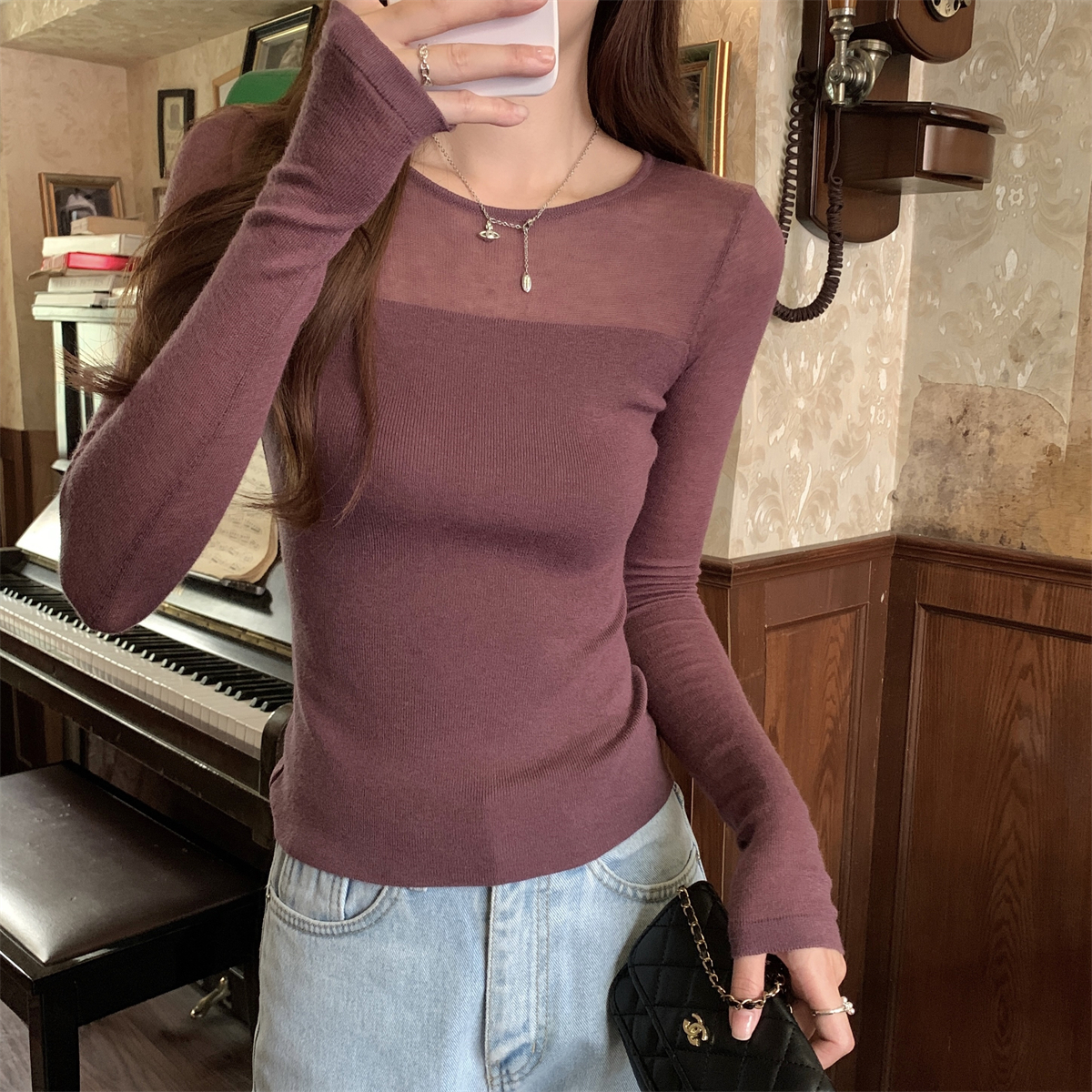 Real shot of early autumn Korean style slim fit splicing see-through slimming 6 wool sweater long-sleeved inner top
