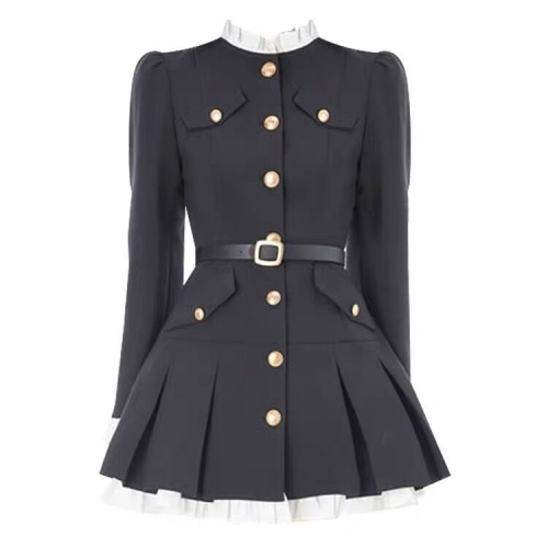 High-end small fragrant black suit short skirt autumn 2024 new style foreign style waist long sleeve splicing dress for women