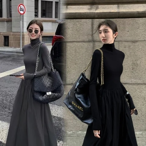 Elegant Hepburn Style Women's Dress 2024 Spring and Autumn New Arrival Korean Version Slimming Knee-Length Innerwear Long Dress