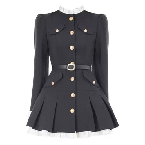 High-end small fragrant black suit short skirt autumn 2024 new style foreign style waist long sleeve splicing dress for women