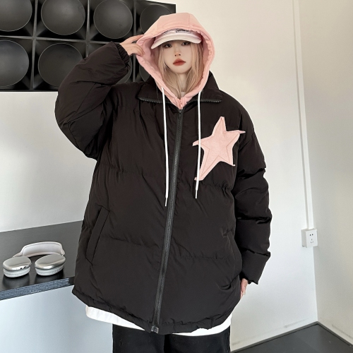 Star patch sweet college style fake two-piece hooded down jacket for women Japanese loose casual bread jacket