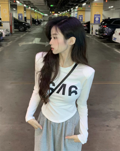 Pure cotton bottoming shirt, letter round neck long-sleeved T-shirt, slim fit inner top and gray sweatpants two-piece set