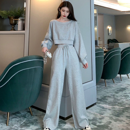 Cotton fish scale drawstring sports suit women's long-sleeved tops high-waisted pants casual two-piece set women's fashion