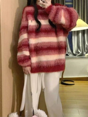 Red Striped Embroidered Mink Fleece Soft and Plush Mink Fur Hooded Sweater Slouchy Style Heart Pin Knitted Top