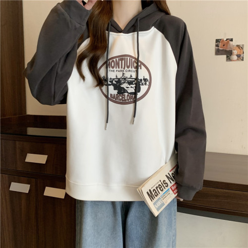 After the real shot, the bag is made of woolen cotton composite milk silk 320g thin stitching contrasting color hooded sweatshirt for women