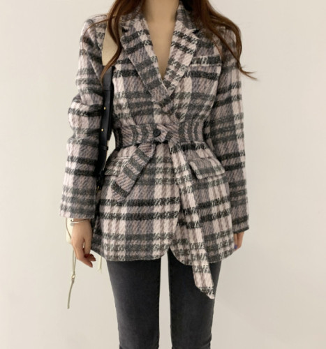 chic houndstooth wool blazer new thickened quilted lace-up small suit top