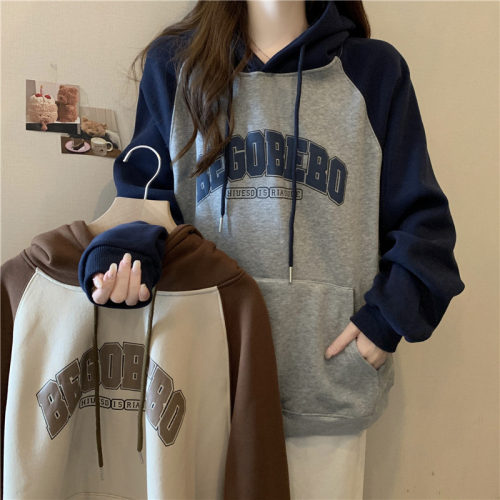 Real shot of Chinese cotton composite milk silk 320g thin section with contrasting color long-sleeved hooded sweatshirt for women