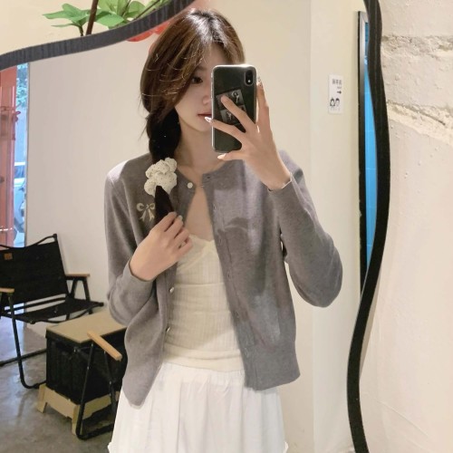 Korean style bow embroidered gray knitted cardigan for women spring round neck soft glutinous miu style versatile top