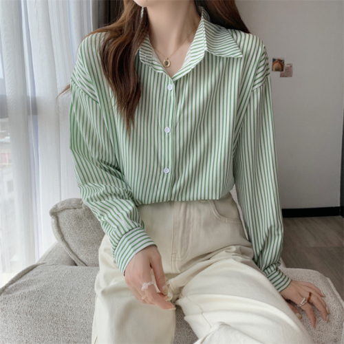 Real shot blue striped long-sleeved shirt top spring and autumn French design niche shirt tops for women