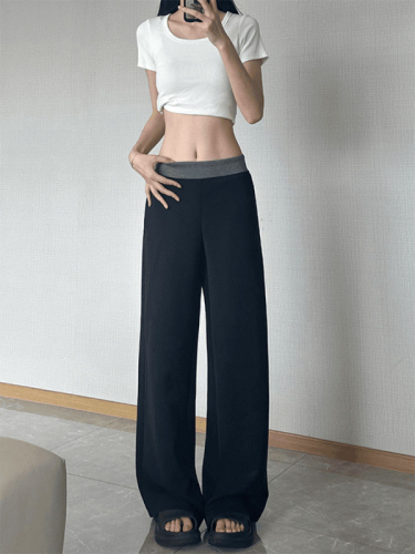 Puzzle-dyed color-blocking wide-leg pants for women, summer straight-leg pants, high-waisted casual pants, floor-length sport pants, tall women's pants