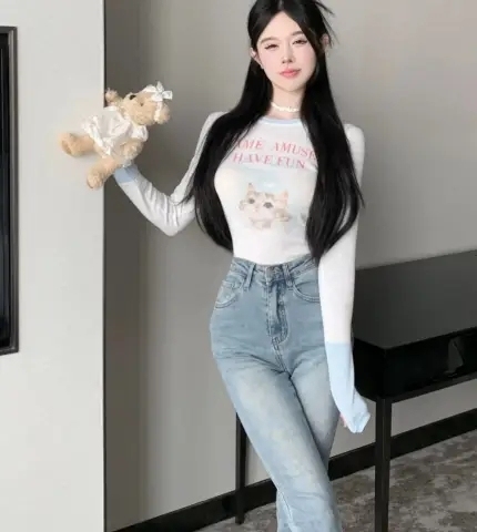 #ICE丝THREAD Slim-fitting cat print long-sleeved T-shirt