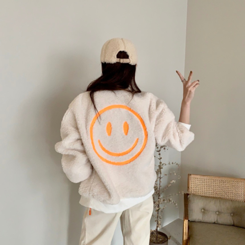 Autumn and winter new American style imitation lamb plush smiley face embroidered baseball uniform jacket jacket for women ins trend