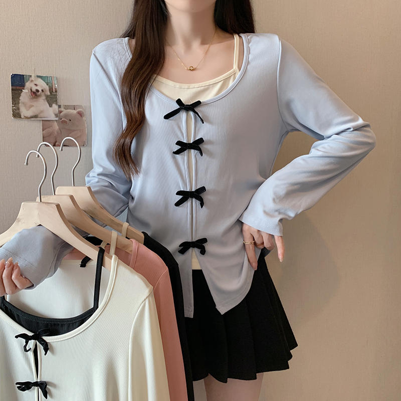 Real shot of 2024 new autumn style fat mm gentle wind bow suspender fake two-piece long-sleeved bottoming top