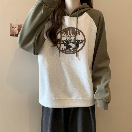 After the real shot, the bag is made of woolen cotton composite milk silk 320g thin stitching contrasting color hooded sweatshirt for women