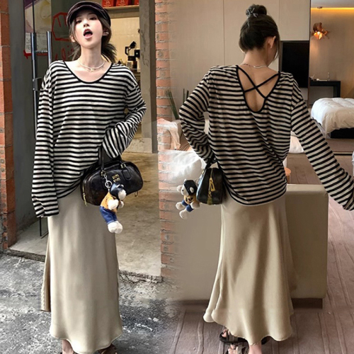 Real shot #dopamine striped trumpet long-sleeved sunscreen T-shirt for women summer loose lazy style top