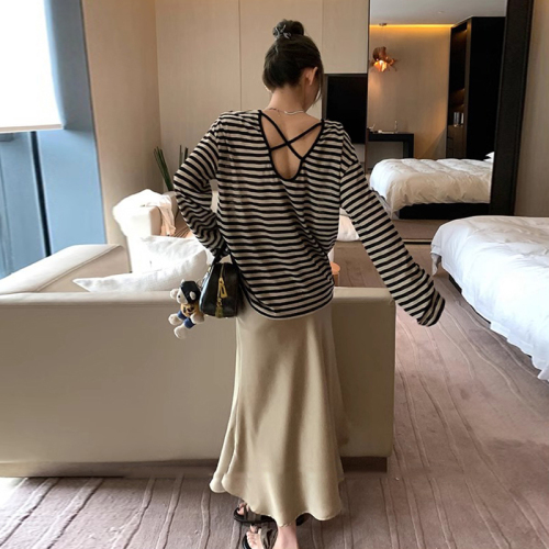 Real shot #dopamine striped trumpet long-sleeved sunscreen T-shirt for women summer loose lazy style top