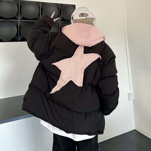 Star patch sweet college style fake two-piece hooded down jacket for women Japanese loose casual bread jacket