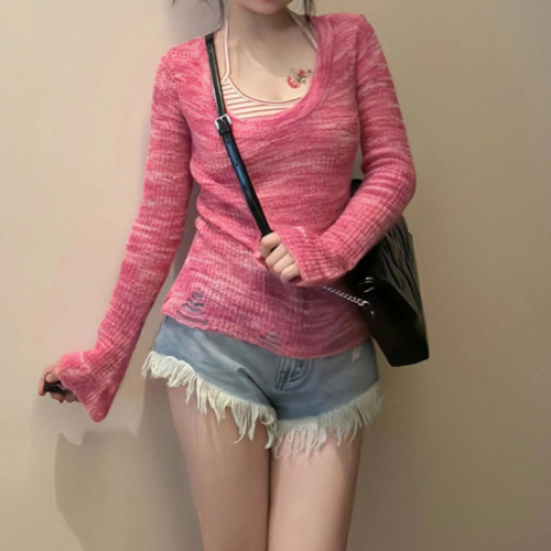 2024 new autumn sweater big U-neck tie-dyed hole mid-length retro slim tight sweater sweater