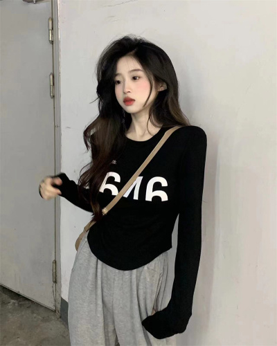 Pure cotton bottoming shirt, letter round neck long-sleeved T-shirt, slim fit inner top and gray sweatpants two-piece set