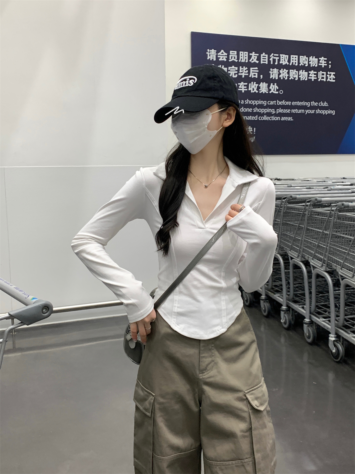 Real shot early autumn new slim fit polo collar fishbone slim cotton long-sleeved T-shirt top for women
