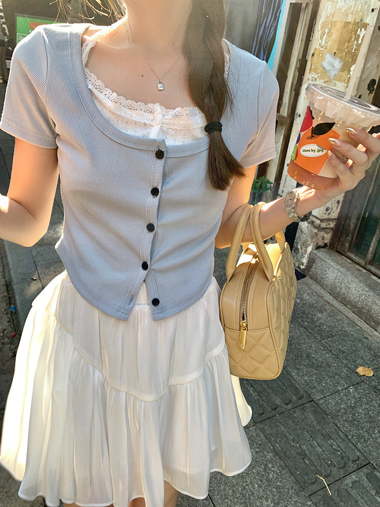 Haze Blue BM Girl Fake Two-Piece Halter Shoulder Short Sleeve Women's Lace Spliced Slimming Sweet and Spicy Short Top Summer 