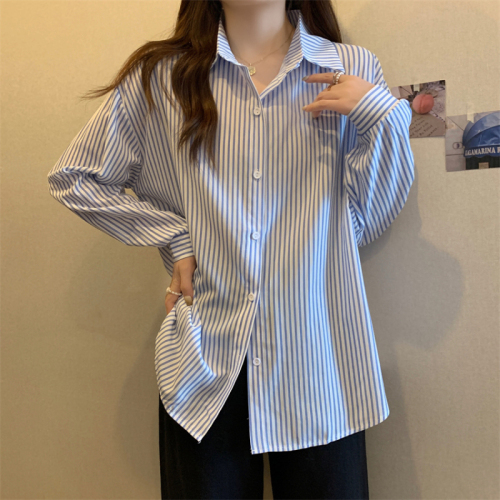 Real shot blue striped long-sleeved shirt top spring and autumn French design niche shirt tops for women