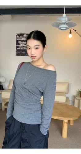 Gray hot diamond long-sleeved sunscreen long-sleeved T-shirt for women early autumn French slimming casual versatile off-the-shoulder top