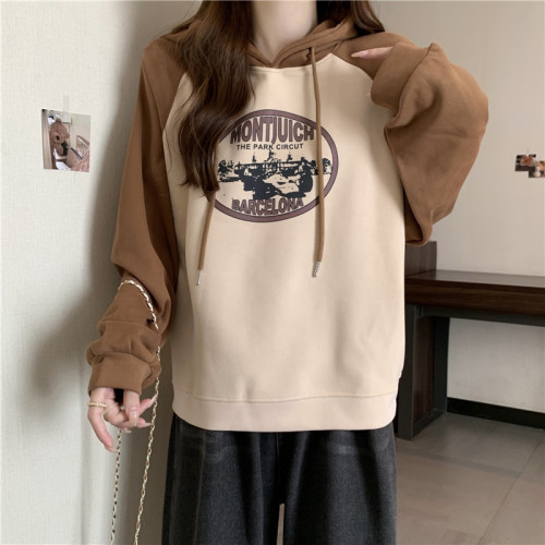 After the real shot, the bag is made of woolen cotton composite milk silk 320g thin stitching contrasting color hooded sweatshirt for women