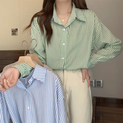 Real shot blue striped long-sleeved shirt top spring and autumn French design niche shirt tops for women