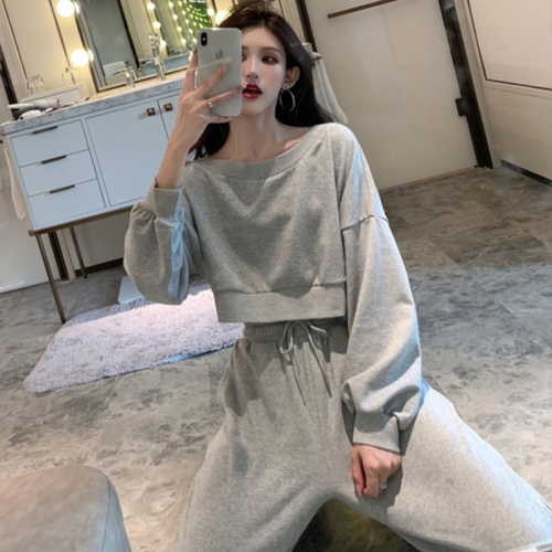 Cotton fish scale drawstring sports suit women's long-sleeved tops high-waisted pants casual two-piece set women's fashion