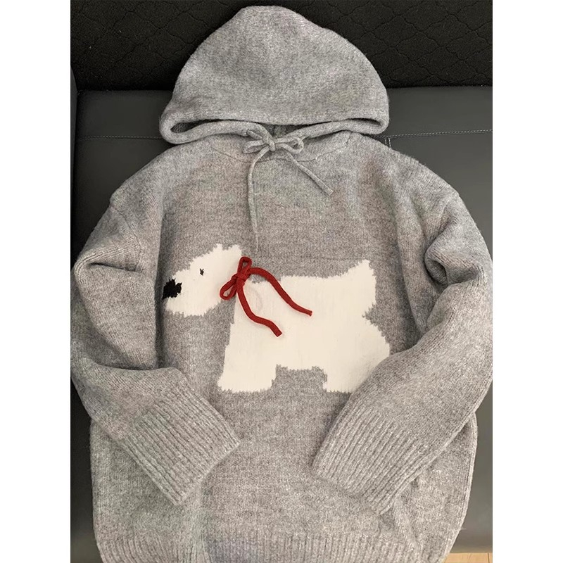 Grey Small Dog Hooded Sweater for Women, Spring, Autumn, Winter, Loose Outerwear, Slouchy Style, Design-Savvy Unisex Hooded Knit Top
