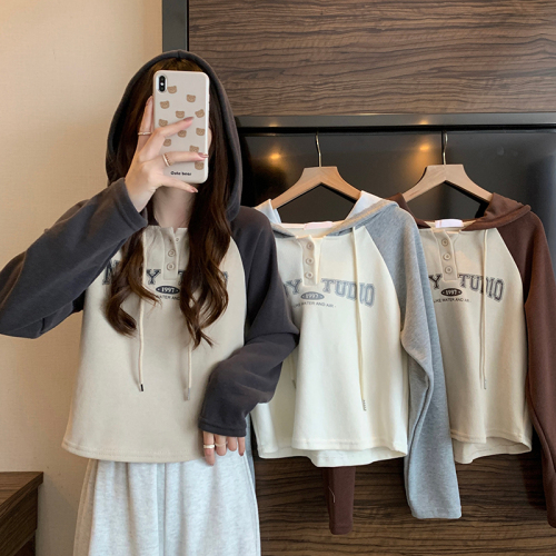 Actual shot of new long-sleeved T-shirt sweatshirt for women, autumn and winter short Korean style hooded slimming bottoming shirt for women