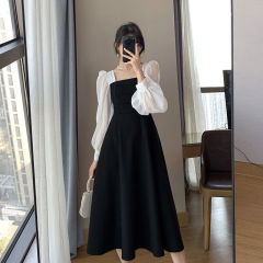 Black square neck dress women's new French retro waist slimming temperament Hepburn style long skirt trendy