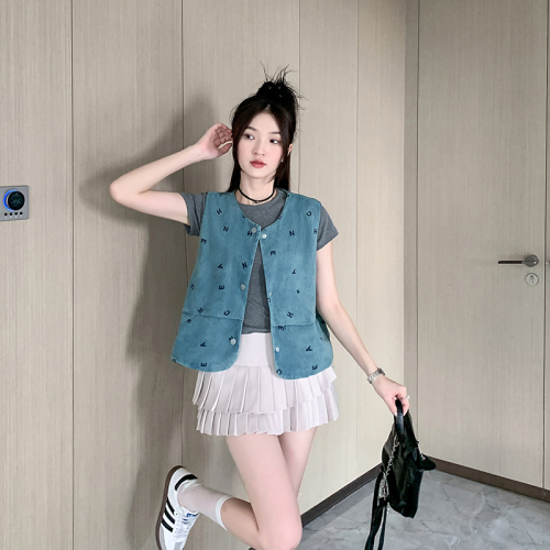 Real shot of vest jacket for women in summer new style loose outer wear sweet and spicy retro sleeveless top denim vest